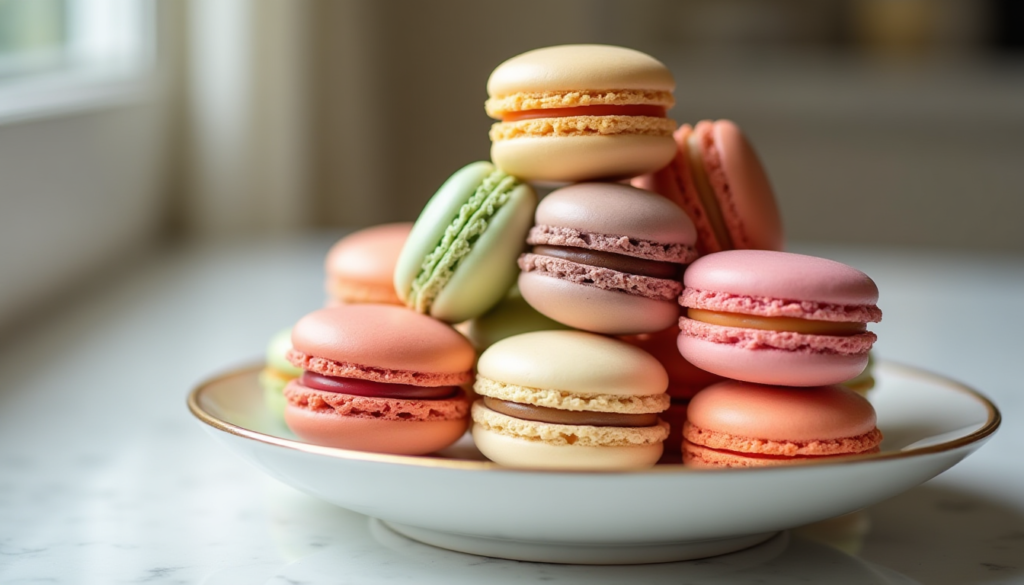 Professional gourmet photography of a vibrant assortment of French macarons, elegant pastel colors, stacked on a minimalist ceramic plate, soft natural lighting, depth of field, high-end food magazine style, Parisian cafe aesthetic."