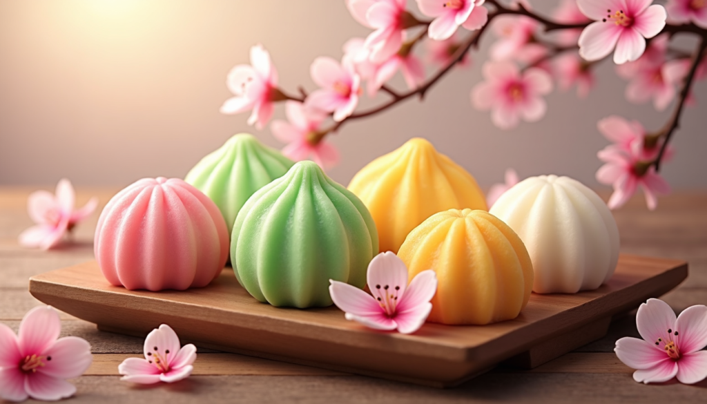 High-quality professional photography of assorted Japanese mochi in pastel pink, green, and yellow, beautifully arranged on a minimalist wooden tray, scattered cherry blossoms, soft cinematic lighting, bokeh background, elegant food styling, 8k resolution.