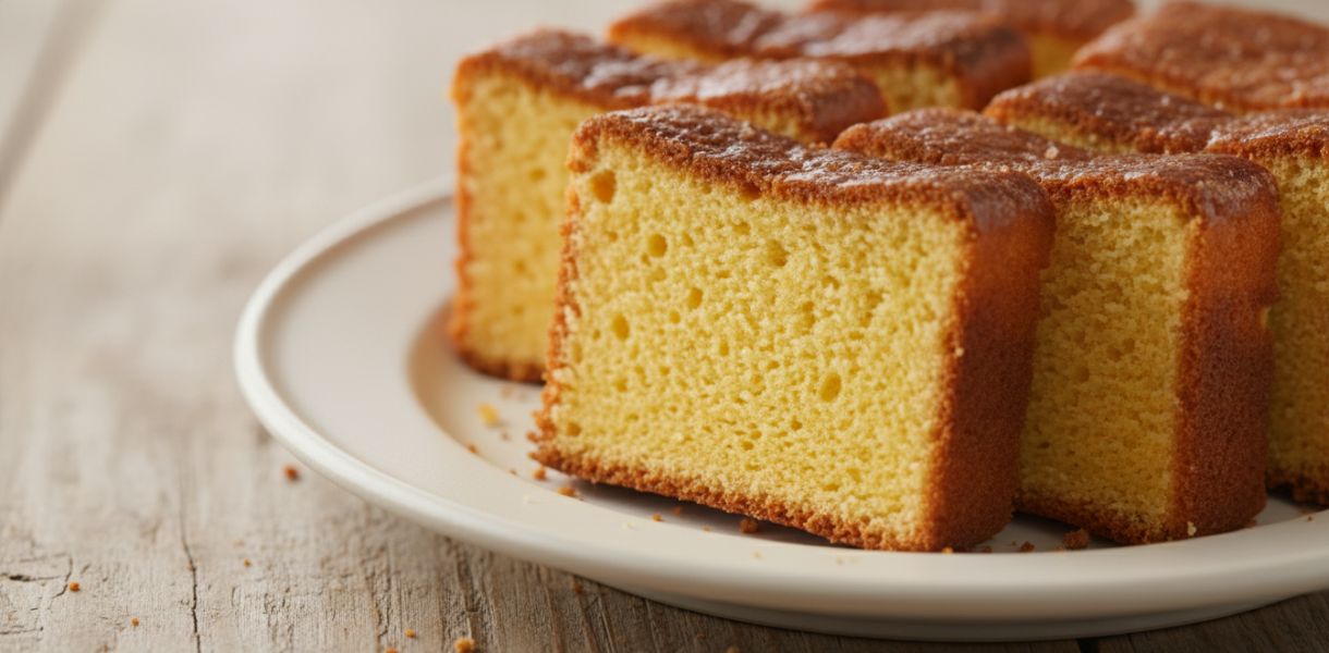 Japonya'nın İkonik Keki: Kasutera Professional food photography of sliced Kasutera cake, a traditional Japanese Castella sponge cake with a rich golden-brown top and moist yellow interior, served on a minimalist ceramic plate, soft natural morning light, high detail, macro shot, aesthetic wooden background.