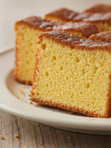 Japonya'nın İkonik Keki: Kasutera Professional food photography of sliced Kasutera cake, a traditional Japanese Castella sponge cake with a rich golden-brown top and moist yellow interior, served on a minimalist ceramic plate, soft natural morning light, high detail, macro shot, aesthetic wooden background.