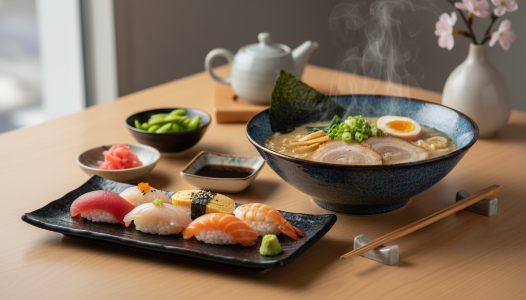 Japon Mutfağının Büyülü Dünyası
Professional food photography of a traditional Japanese meal set, including fresh nigiri sushi and a steaming bowl of authentic ramen, served on elegant ceramic dishes on a minimalist wooden table, soft natural lighting, cinematic depth of field, high resolution.