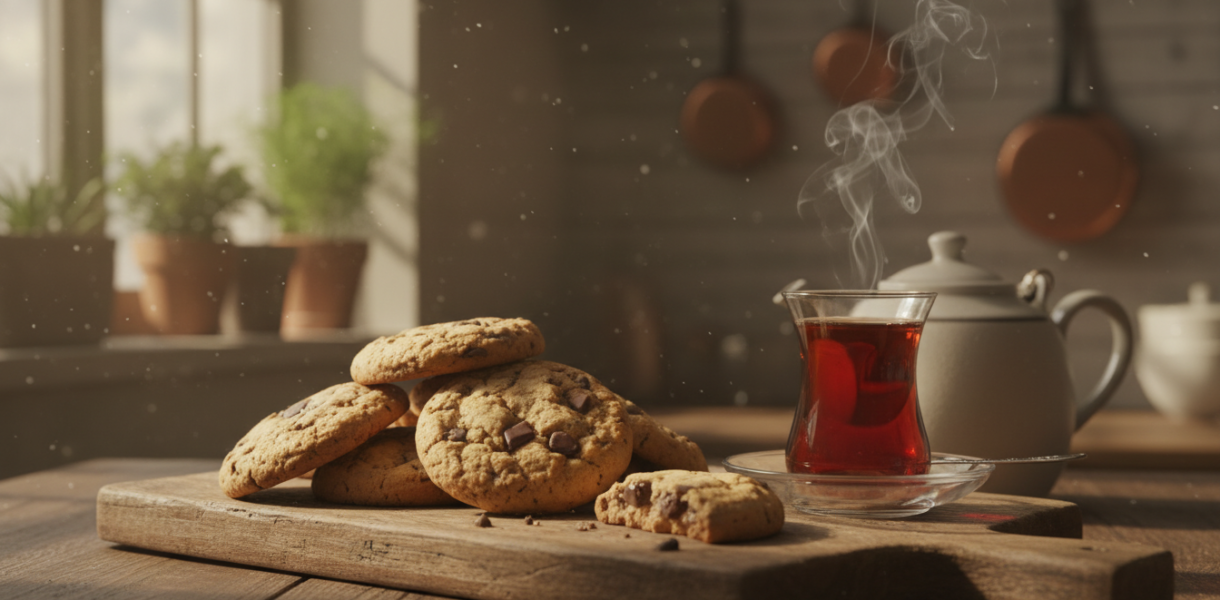 Professional food photography of freshly baked golden cookies on a rustic wooden table, a steaming cup of Turkish tea in a glass next to them, warm morning sunlight, cozy kitchen atmosphere, shallow depth of field, 8k resolution.