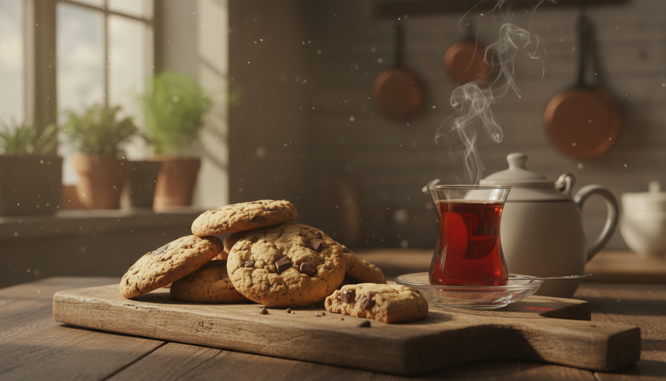 Professional food photography of freshly baked golden cookies on a rustic wooden table, a steaming cup of Turkish tea in a glass next to them, warm morning sunlight, cozy kitchen atmosphere, shallow depth of field, 8k resolution.