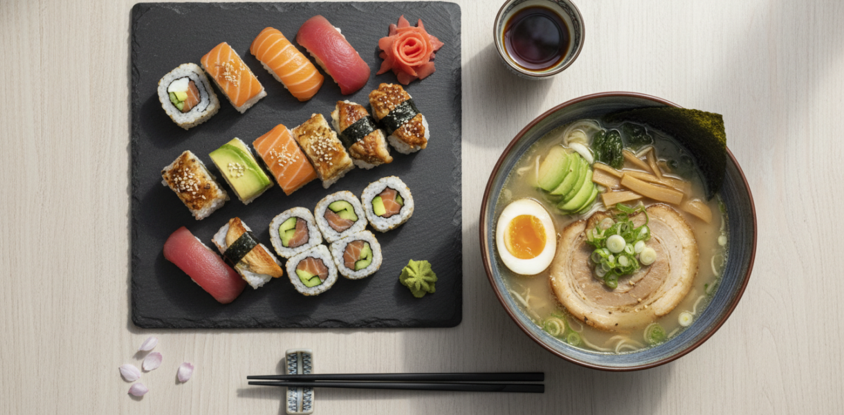 Professional food photography of a diverse Japanese meal, including artfully arranged sushi on a slate plate and a steaming bowl of ramen, set on a minimalist wooden table with soft cinematic lighting, high resolution, 8k.