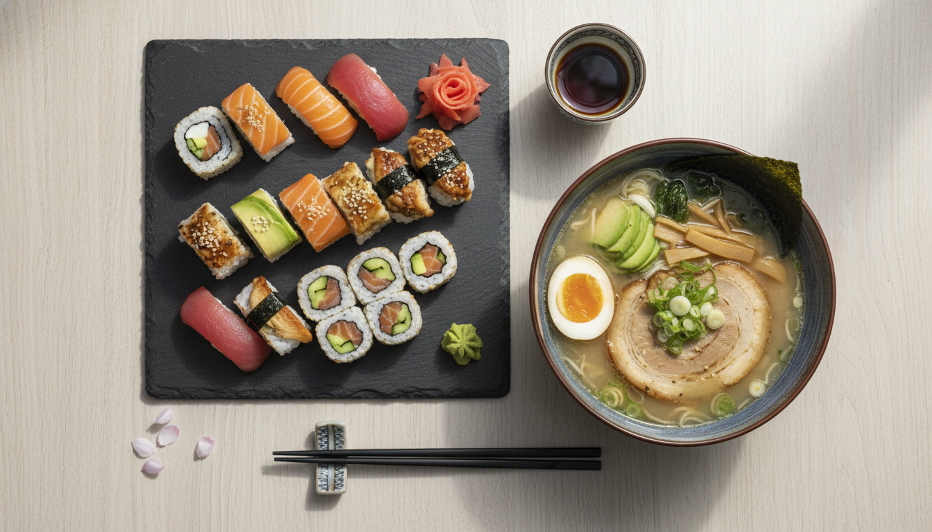 Professional food photography of a diverse Japanese meal, including artfully arranged sushi on a slate plate and a steaming bowl of ramen, set on a minimalist wooden table with soft cinematic lighting, high resolution, 8k.