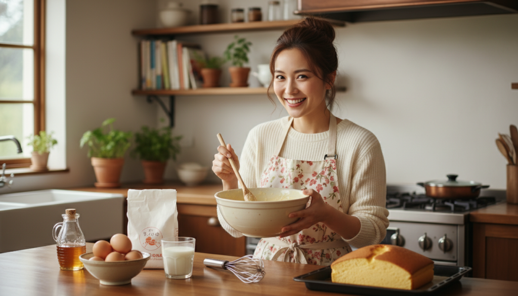 A professional high-resolution photograph of a smiling woman in a warm, cozy kitchen, holding a mixing bowl and preparing a Japanese sponge cake (Kasutera). Ingredients like eggs, flour, and a whisk are visible on the wooden counter. Soft natural lighting, cinematic depth of field, friendly cooking show atmosphere.