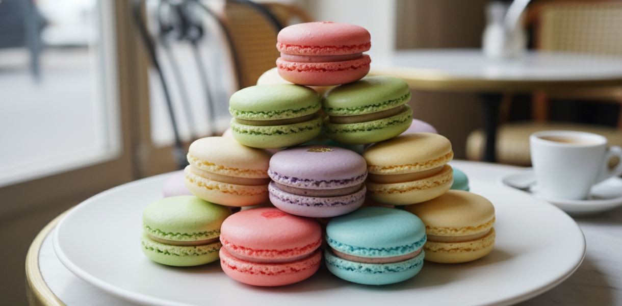 Professional gourmet photography of a vibrant assortment of French macarons, elegant pastel colors, stacked on a minimalist ceramic plate, soft natural lighting, depth of field, high-end food magazine style, Parisian cafe aesthetic.