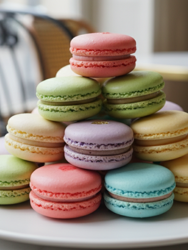 Professional gourmet photography of a vibrant assortment of French macarons, elegant pastel colors, stacked on a minimalist ceramic plate, soft natural lighting, depth of field, high-end food magazine style, Parisian cafe aesthetic.