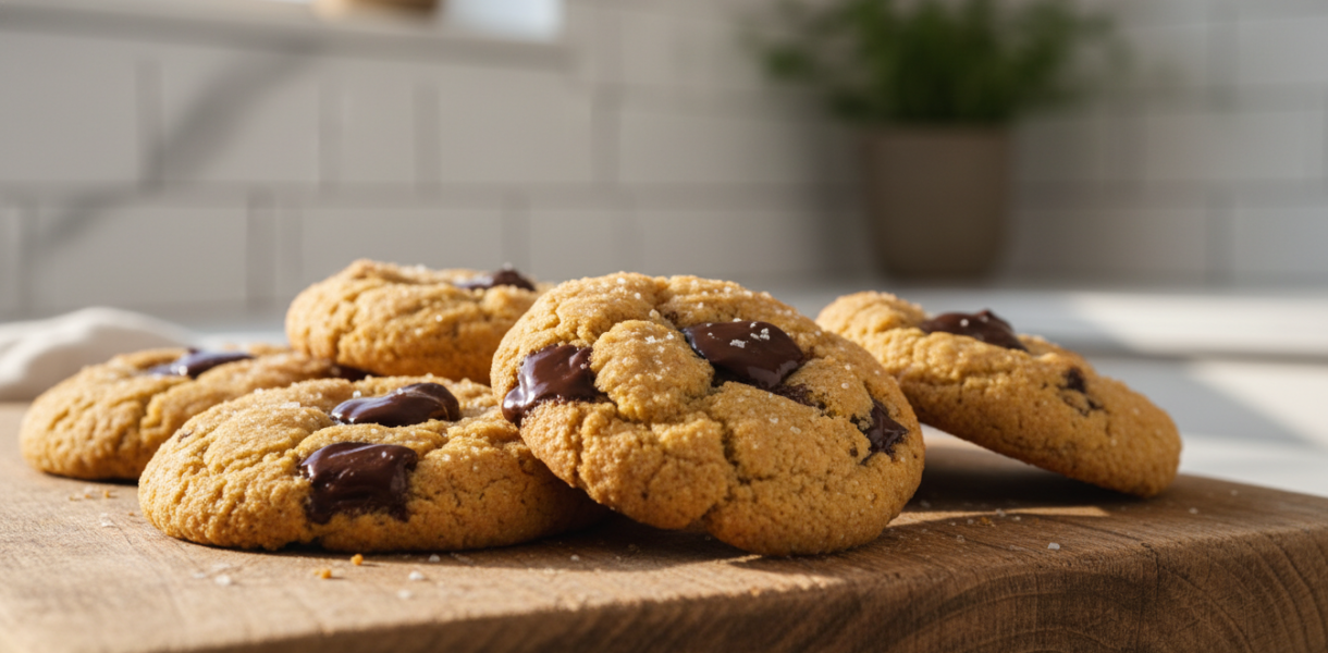 Professional food photography of golden brown chickpea flour cookies with melting dark chocolate chips, placed on a rustic wooden board, soft natural lighting, macro shot, textured surface, minimalist kitchen background.