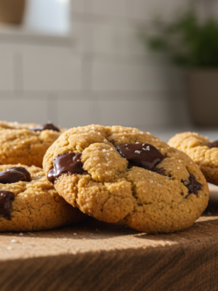 Professional food photography of golden brown chickpea flour cookies with melting dark chocolate chips, placed on a rustic wooden board, soft natural lighting, macro shot, textured surface, minimalist kitchen background.