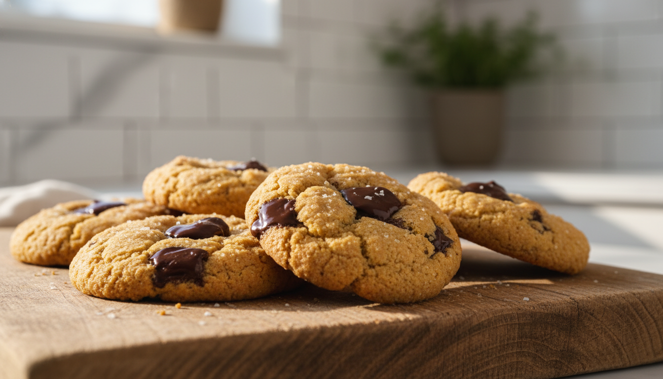 Professional food photography of golden brown chickpea flour cookies with melting dark chocolate chips, placed on a rustic wooden board, soft natural lighting, macro shot, textured surface, minimalist kitchen background.
