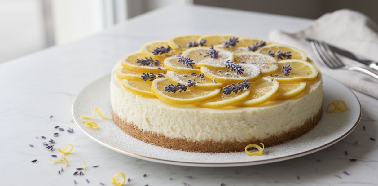 Professional food photography of a gourmet lemon cheesecake decorated with fresh lavender sprigs and lemon slices, creamy texture, elegant plating on a marble table, soft natural daylight, high resolution, cinematic aesthetic