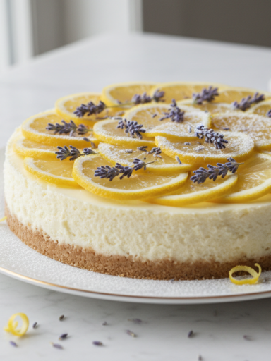Professional food photography of a gourmet lemon cheesecake decorated with fresh lavender sprigs and lemon slices, creamy texture, elegant plating on a marble table, soft natural daylight, high resolution, cinematic aesthetic