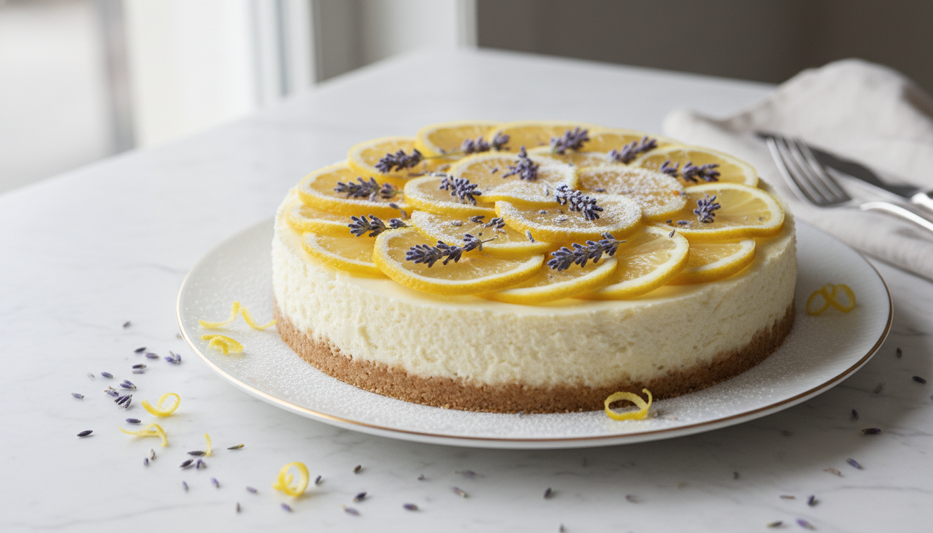 Professional food photography of a gourmet lemon cheesecake decorated with fresh lavender sprigs and lemon slices, creamy texture, elegant plating on a marble table, soft natural daylight, high resolution, cinematic aesthetic