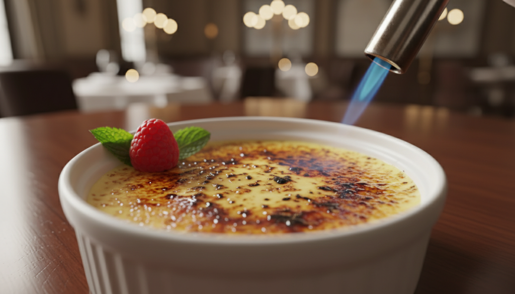 Professional food photography of a classic Crème Brûlée in a white ceramic ramekin, torching the sugar crust to a golden brown caramelization, vanilla bean specks visible in the custard, garnishing with a fresh raspberry and mint leaf, elegant restaurant setting, soft bokeh background, high resolution, macro shot.