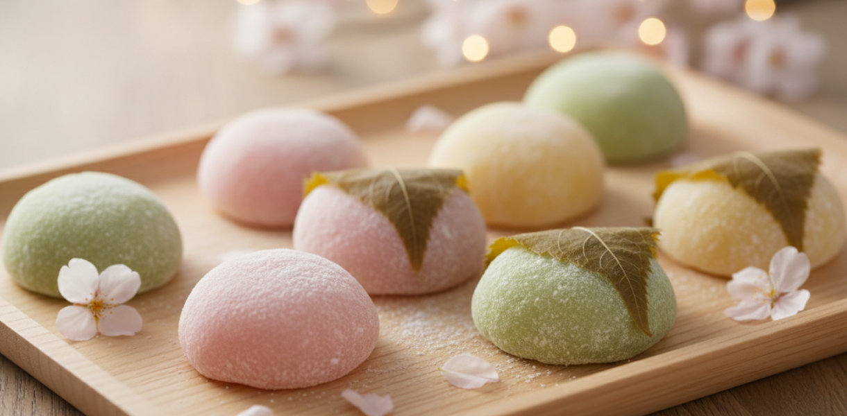 High-quality professional photography of assorted Japanese mochi in pastel pink, green, and yellow, beautifully arranged on a minimalist wooden tray, scattered cherry blossoms, soft cinematic lighting, bokeh background, elegant food styling, 8k resolution.