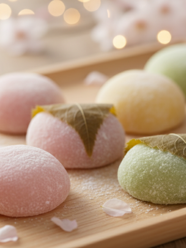High-quality professional photography of assorted Japanese mochi in pastel pink, green, and yellow, beautifully arranged on a minimalist wooden tray, scattered cherry blossoms, soft cinematic lighting, bokeh background, elegant food styling, 8k resolution.