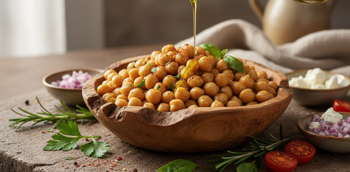 A professional, high-resolution food photography shot of a wooden bowl filled with cooked chickpeas, surrounded by fresh ingredients like herbs and olive oil on a rustic stone table. Soft natural morning light, shallow depth of field, vibrant textures, healthy lifestyle vibe.