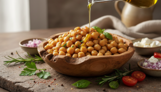 A professional, high-resolution food photography shot of a wooden bowl filled with cooked chickpeas, surrounded by fresh ingredients like herbs and olive oil on a rustic stone table. Soft natural morning light, shallow depth of field, vibrant textures, healthy lifestyle vibe.